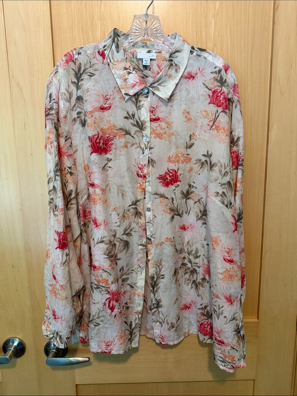 J. Jill Beige Sheer Floral Button-Down Shirt with Pink and Green Print